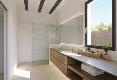 Salle de bains moderne avec meuble vasque suspendu en bois, douche à l’italienne en verre