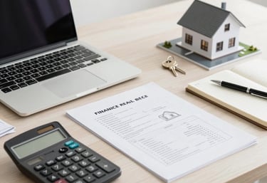Une demande de prêt immobilier posée sur un bureau, avec un ordinateur portable et une calculatrice