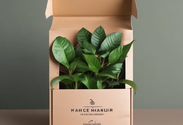 Eco-friendly packaging materials in soft earthy tones surrounding a healthy potted plant.