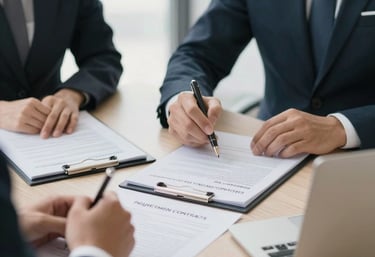 Close-up of a handshake between lawyer and client in a modern minimalist office.
