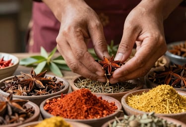 Hands carefully selecting fresh spices at a traditional Indian farm.