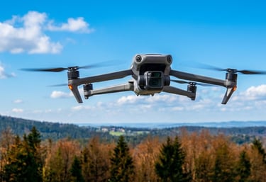 A gray DJI Mavic 3 quadcopter drone hovering in a blue sky over a scenic forest landscape.
