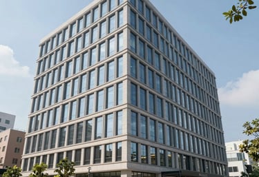 A commercial building with smoke rising in the background, symbolizing fire risk protection.