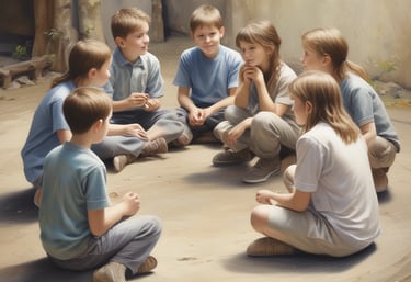 Children sitting in a circle, engaging in a lively group discussion outdoors.