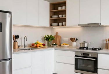 Before-and-after image of a Kerala style kitchen, left side messy with utensils scattered, right side clean and orderly with wooden shelves.