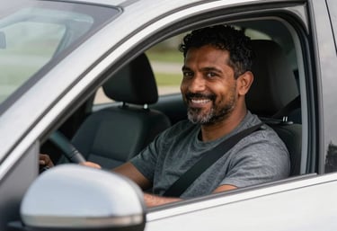 A smiling North American driver safely operating a vehicle on a suburban road, focus on the driver's confident expression, bright natural daylight, modern automotive photography style.