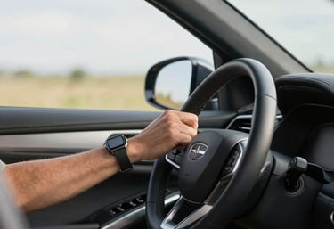 A lifestyle photograph of a North American driver safely operating a vehicle with a focus on their hands on a modern steering wheel, bright daylight.
