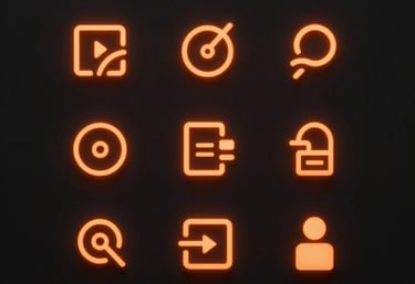 Series of minimalist icons for a tech company, glowing in orange against a matte black background, high-end digital design.