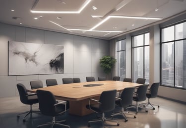 A focused team reviewing campaign results around a conference table with navy and off-white decor.