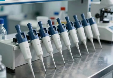 An array of high-quality laboratory pipettes and essential stirrers on a stainless steel workstation. Precise, functional, and professional photography. International research lab.