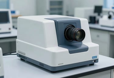 A professional analytical spectrophotometer sitting on a clean, light blue laboratory bench. The lighting is bright and technical. Modern scientific facility, North American style.