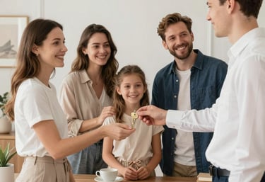 A friendly real estate agent showing a happy couple a cozy home interior.