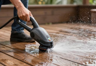 Action shot of a power washer cleaning a wooden deck, with water spray visibly removing dirt to reveal clean wood. Dynamic and refreshing.