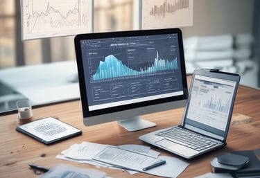 Close-up of a tablet displaying inventory management mobile app with colorful charts and data.