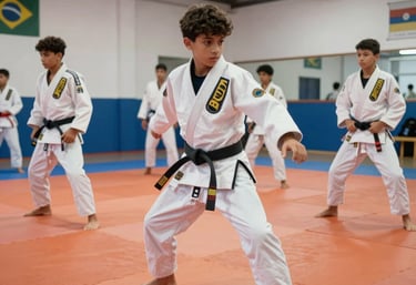 A dynamic shot of a youth martial arts project in a Brazilian community center, showing young athletes in white gis practicing jiu-jitsu on orange mats under bright, energetic lighting.