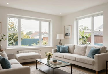 A bright and airy photograph of a modern British living room with large windows, showcasing high-end property photography. The lighting is natural and crisp, emphasizing the trustworthy nature of the platform. Off-white and light blue palette tones.