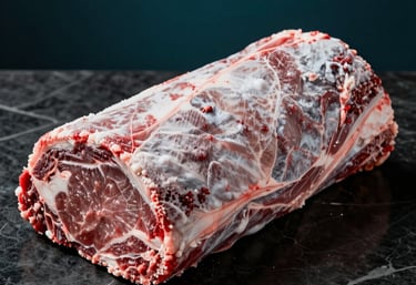 Studio food photography of a large, high-quality frozen beef primal cut on a dark marble surface, dramatic professional lighting, highlighting texture and freshness, deep ocean teal accents.