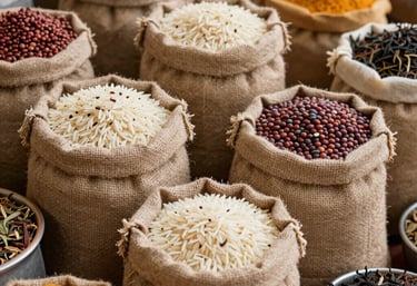 Still life photography of burlap sacks containing basmati rice and legumes, surrounded by colorful spices in small bowls and dry tea leaves, Middle Eastern / Gulf market aesthetic.