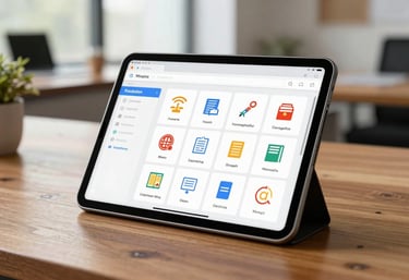 A high-end tablet displaying an educational dashboard with academic icons, sitting on a polished wooden desk in a bright North American office environment.