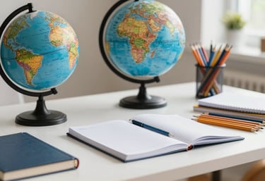 Close-up of a well-organized student desk with a globe, notebooks, and a set of pencils in a bright North American Georgia home. Professional, clean style.