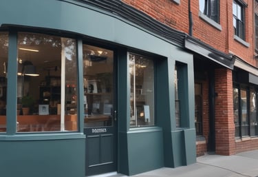 A painter carefully applying finishing touches on a business storefront during the weekend.