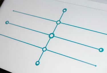 A clean, conceptual photo of a professional roadmap on a digital screen, with turquoise lines and markers. Minimalist, modern, and strategic aesthetic.