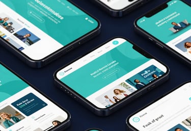 A collection of mobile devices displaying different modern web pages with vibrant turquoise and navy themes. High-end product photography.