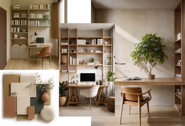 Minimalist home office interior design with wooden desks, built-in bookshelves, and natural earth tone decor.