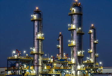 A sprawling oil refinery at twilight with industrial lights reflecting off steel surfaces under a deep navy sky, International / Global.