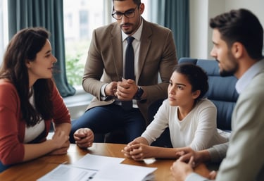 A compassionate volunteer assisting a family with immigration paperwork in a welcoming office space.