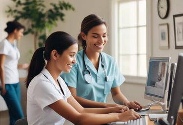 A compassionate nurse assisting an elderly patient with home care in a cozy living room.
