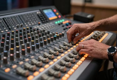Close-up of a high-tech mixing console and soundboard in a professional event venue. A technician in professional attire is adjusting the levels. Soft orange lighting glows from the equipment buttons.