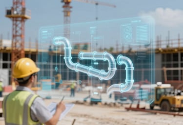 A professional visualization of a construction site with a holographic BIM overlay showing pipes and ducts, highlighting innovation and accuracy.