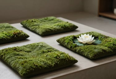A minimalist wellness room featuring a low platform with soft moss green cushions and a single white lotus in water.
