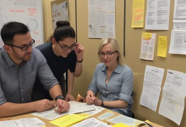 A diverse team collaborating around a digital interface displaying data analytics.