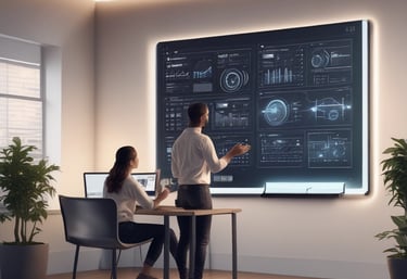 Close-up of hands typing on a laptop with AI data visualizations on screen.