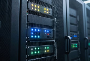 A close-up of a high-tech server room door with LED indicators, representing data security and professional IT management, lighting in charcoal and soft blue.