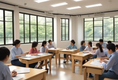A lively classroom with students engaged in learning Japanese language.