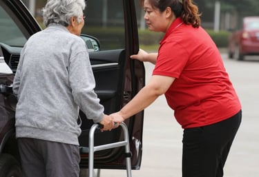 A professional Crimson Complete driver helping a smiling passenger into a clean vehicle.