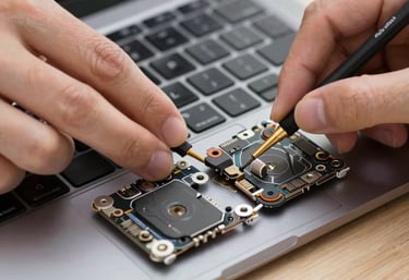 Technician repairing a laptop with professional tools in a modern, sleek workspace.