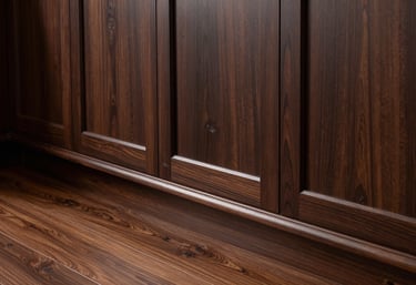 A close-up photograph of professionally installed dark wood cabinets and polished flooring, showcasing high-end craftsmanship in a North American home.