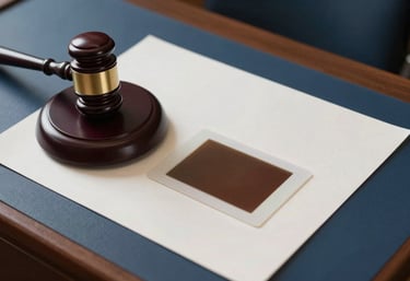 A high-angle shot of a courtroom desk with a gavel and a microscope slide, symbolizing the intersection of law and medicine. Latin American context, colors include Dark Blue and Off-white.