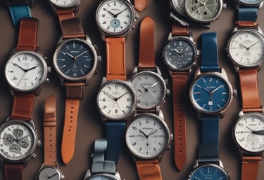 A collection of various men's wristwatches laid out on a wooden table.