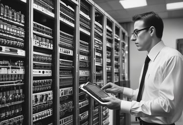 A team of young professionals working together on IT infrastructure in a modern office.