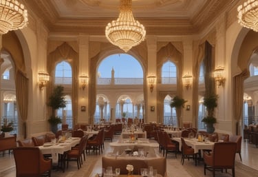A warm, inviting dining area of Kinghouse restaurant with traditional Arabic decor.