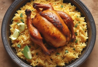 A colorful dish of kabsa with chicken, garnished with nuts and herbs.