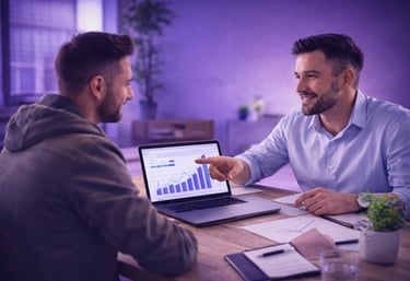 Échange entre un professionnel et un client autour des performances d’un site web.