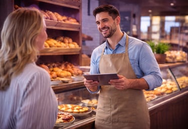 Commerçant présentant ses produits à un client dans un commerce local.