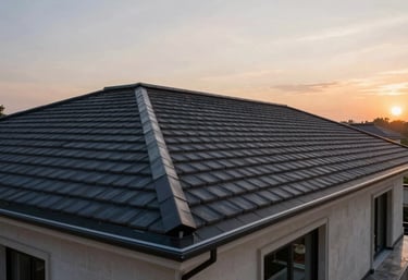 A wide angle view of a completed roofing project on a luxury villa, featuring clean ridges and perfectly aligned dark tiles against a soft sunset sky.