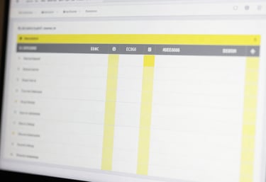 A minimalist photo of a digital compliance report on a sleek screen, showcasing clean columns and yellow #EBC86F success markers.